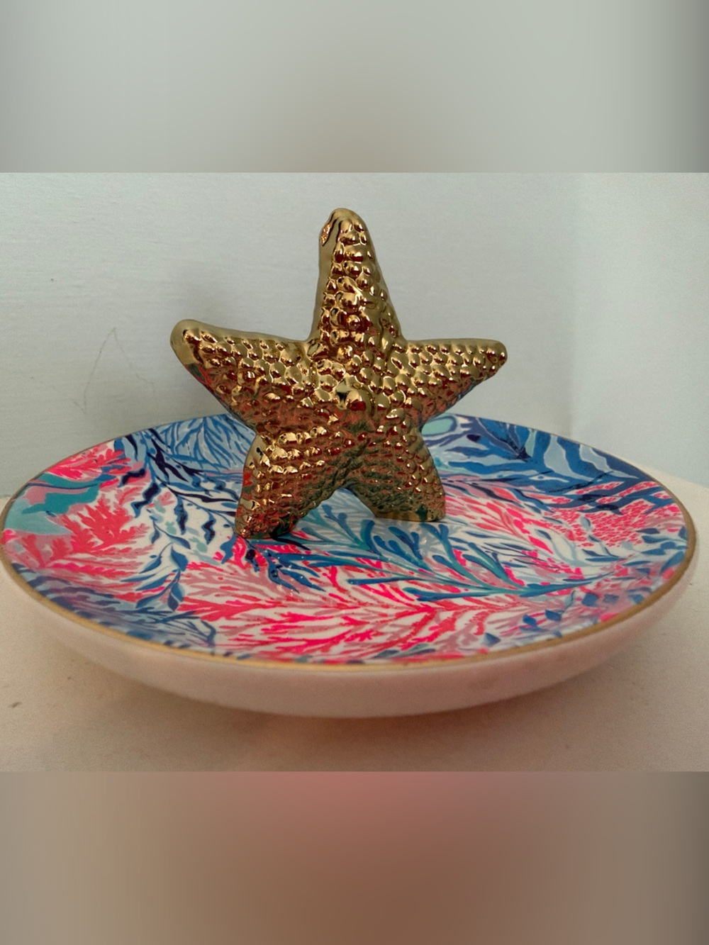 Lilly Pulitzer Gold Starfish Ring Dish with Coral Pattern